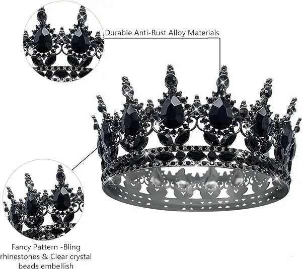 Tiaras NEW Black Queen Round Crown Rhinestone Wedding Crowns and Tiaras for Costume Party