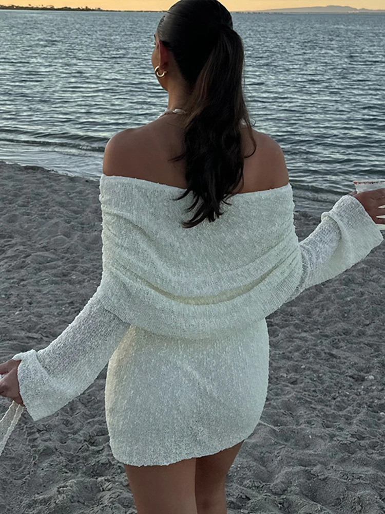 Sexy Knitted Dress Women Slash Neck Long Sleeve Bodycon Female Dresses Summer Beach Holiday Party Highly Elastic Lady Robe 240703