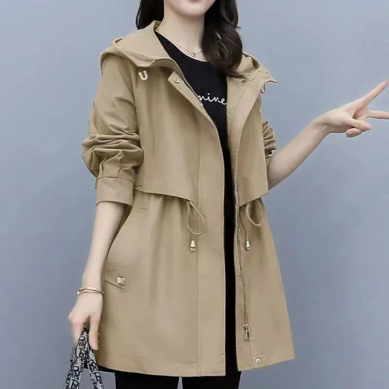 Women Autumn Hooded Trench Coat Fashion Drawcord Loose Pocket Solid Jacket Korean Office Lady Mid Length Casual Outerwear 240703