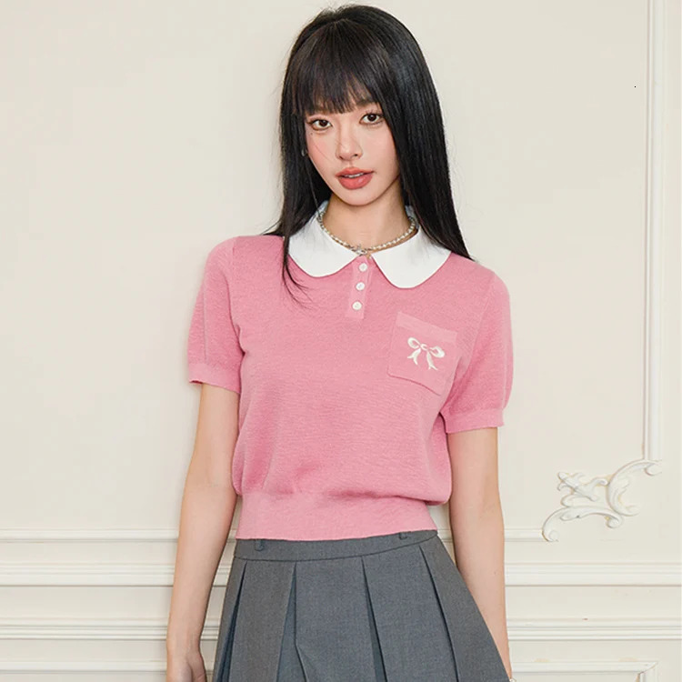 Summer Elegant Sweater Women Knit Pullover Tshirts Embroidery Short Sleeve Peter Pan Collar Fashion Stylish Tops Tees 240627