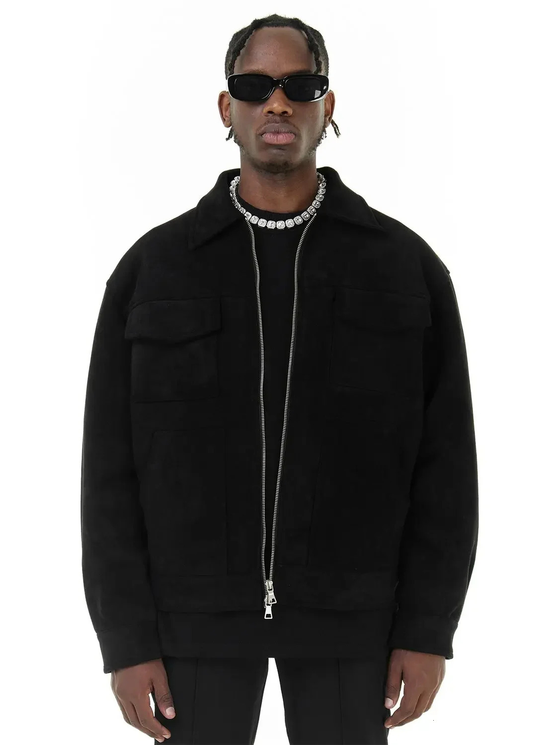 Vintage High Street Suede Material Crock Jacket With Zipper Lapel Casual Short For Men 240702