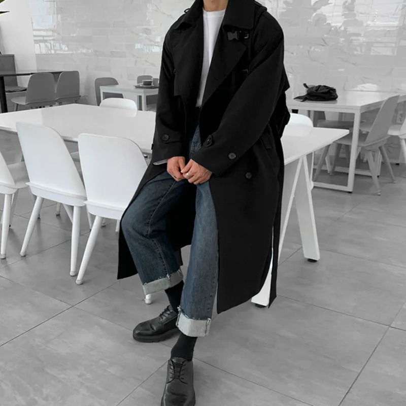 IEFB Mens Wear Korean Trend Windbreaker Mid Long Loose Clothes Handsome Males Autumn Casual Trench Coat With Belt 4312 240701