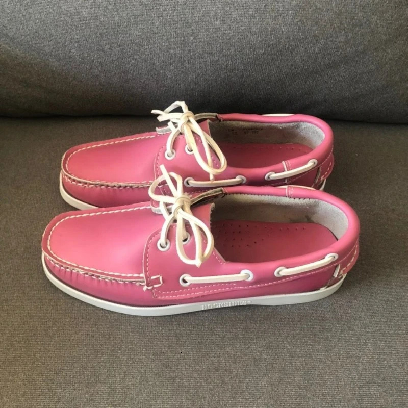 Unisex Boat Shoes Pink Leather Loafers For Men Women Fashion Walking Driver Footwear Couples Lace Up Flats Shoe 240702