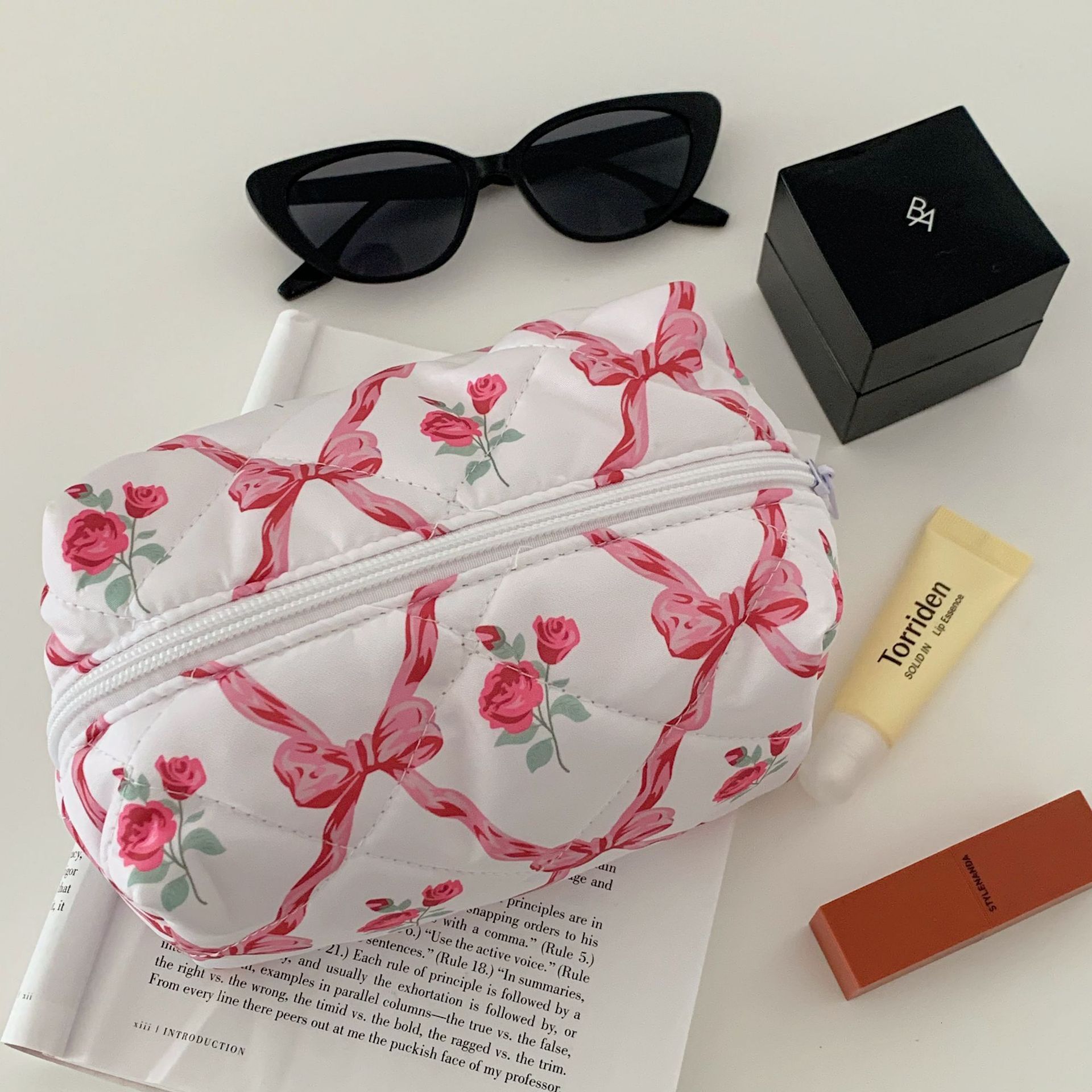 Bow Rose Pattern Women Makeup Pouch Cotton Padded Cute Cosmetic Ladies Travel Storage American Mini Organizer Clutch Bag H7.4#12