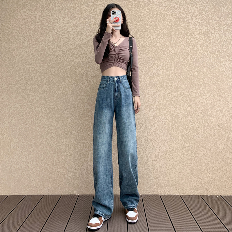 loose sagging jeans high waisted wide leg showing height and slimming floor mop pants F7.4#54