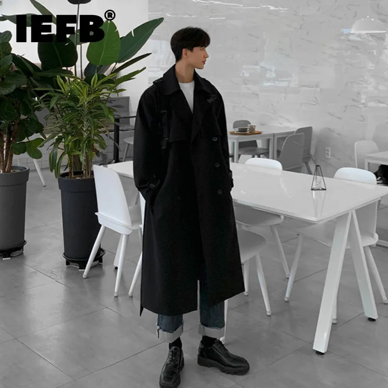IEFB Mens Wear Korean Trend Windbreaker Mid Long Loose Clothes Handsome Males Autumn Casual Trench Coat With Belt 4312 240701