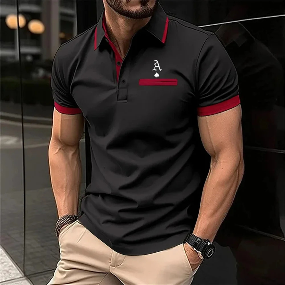 Summer Men Short Sleeved Polo Shirt Fashion Splice Stripe Printing TShirt Mens Breathable Party Clothing Tops 240702