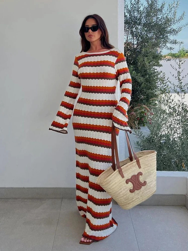 Summer Hollow Out Knitted Beach Dress for Women Elegant Fashion Striped Maxi Dress Sexy Long Sleeve Holidays Party Dress 240703