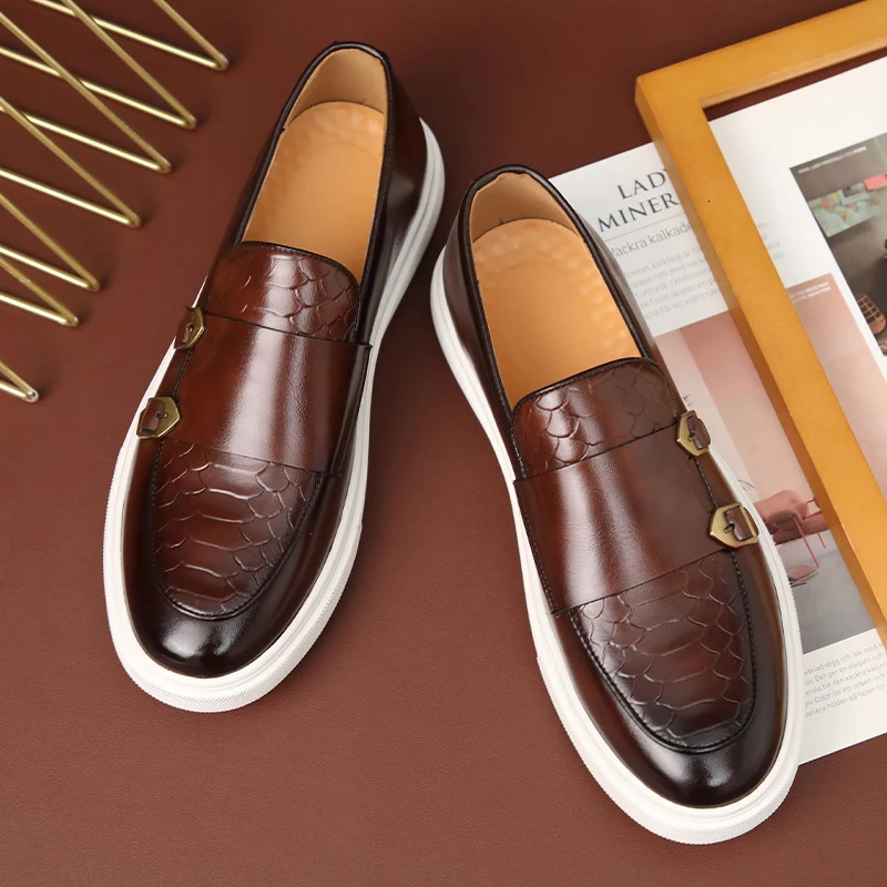 Britain Retro Fashion Mens Black Brown Flats Monk Strap Leather Shoes Casual Loafers Formal Dress Footwear Zapatos Hombre 240703