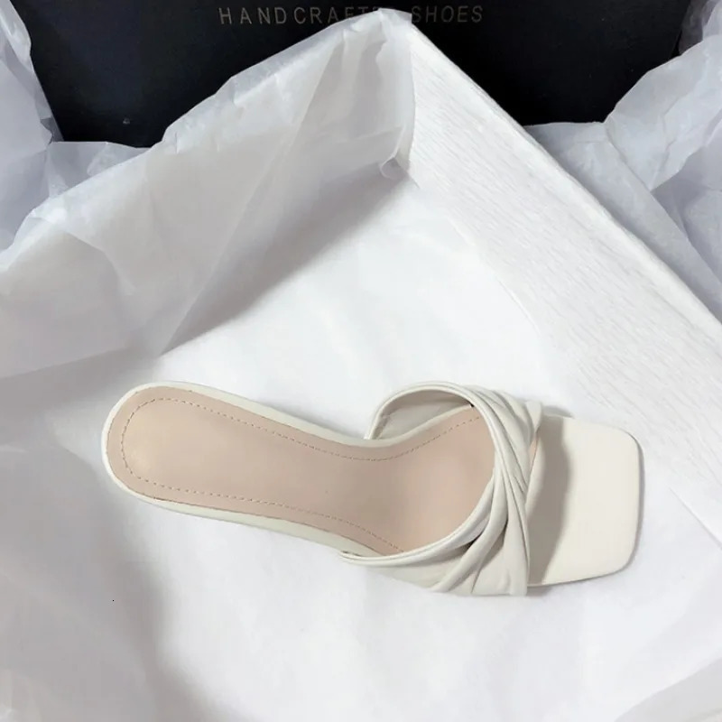 Fashion Summer Women Shoes Handmade Square Open Toe High Heels Outdoor Fashion Slippers Apricot Off White 240704