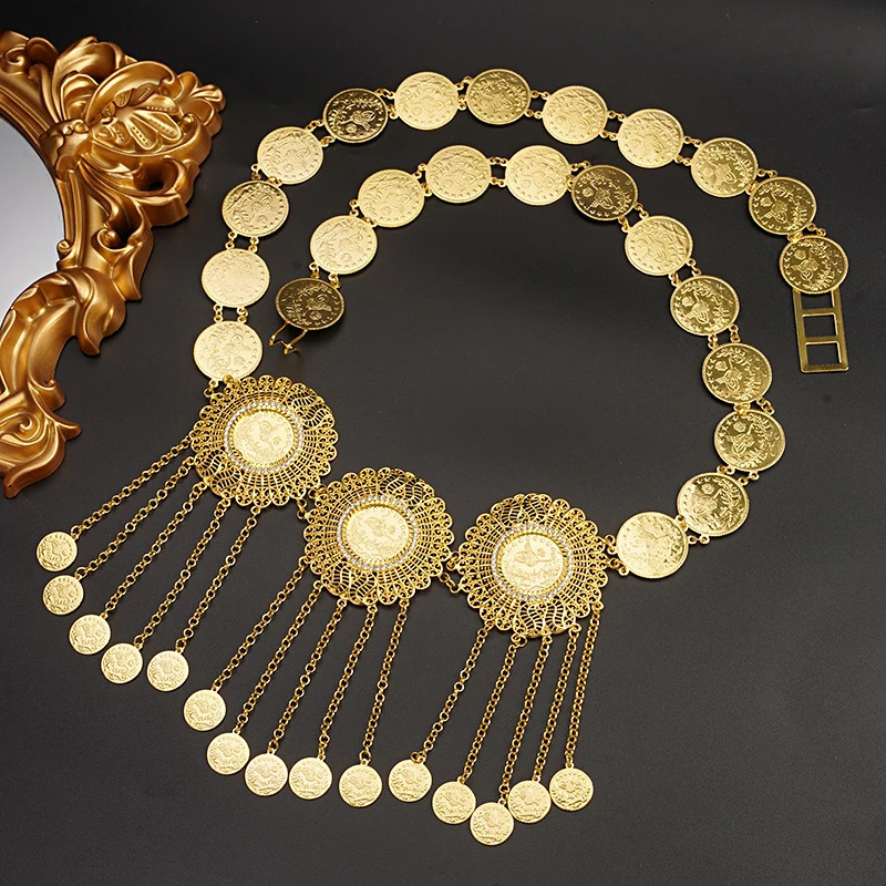 Oman Kurdistan Women Body Chain Coin Tassel Waist Chain Middle East Bridal Jewelry Turkey Coin Gold Plated Belt 240701
