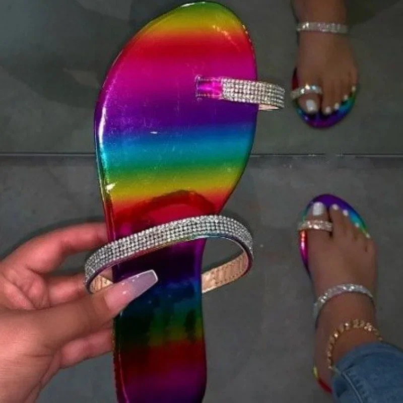 Sexy Women Summer Flat Slippers Rhinestone Shoe Open Toe Roman Beach Sandal ladies Flip Flops Black Non-slip Slides size 35-43 240704