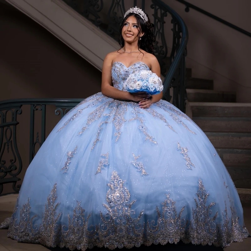 Sky Blue Shiny Quinceanera Dresses Sequined Off Shoulder Ball Gown Sweep Train Applique Lace Beads Tulle Vestidos De 15 Anos