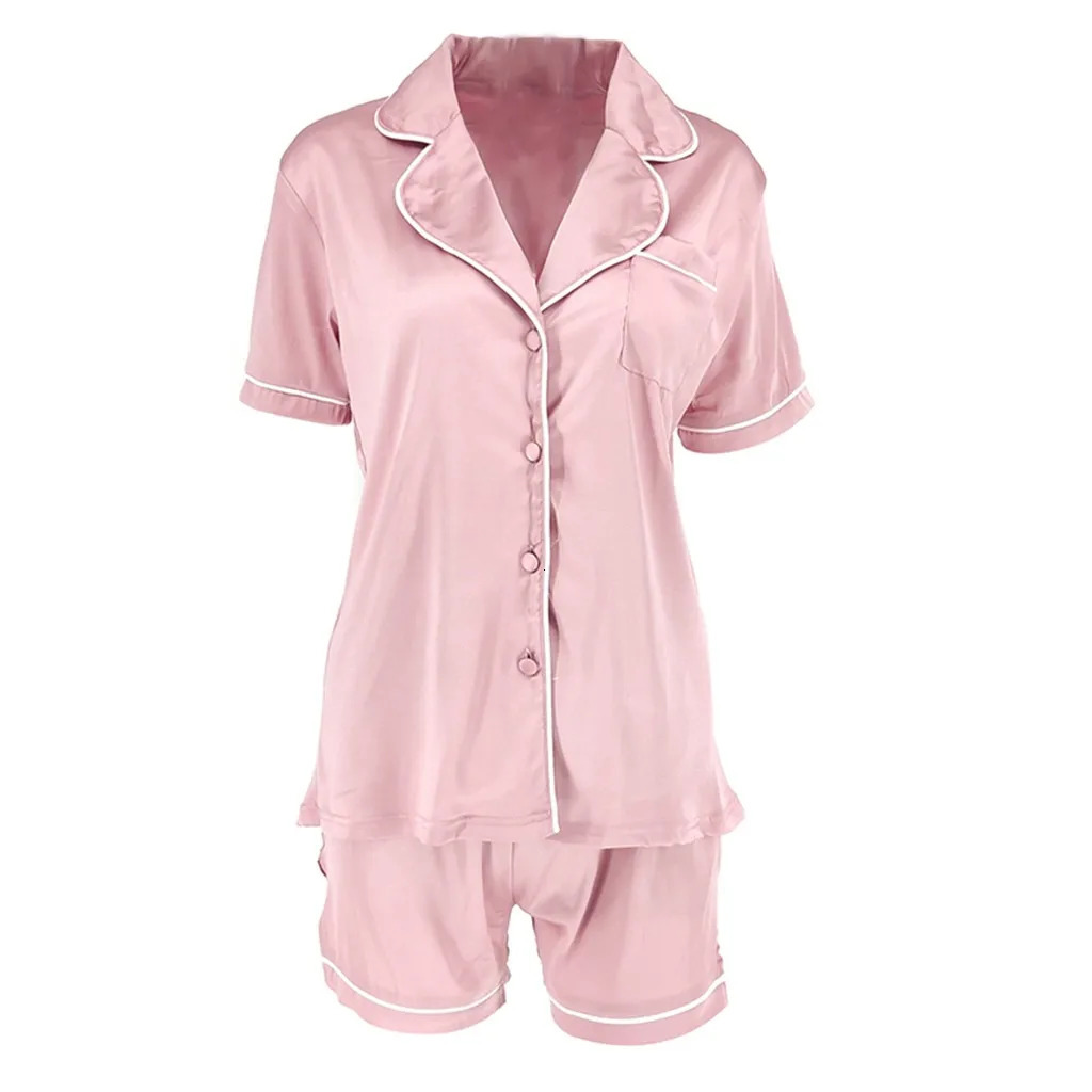 Womens Faux Silk Satin Pajamas Set Short Sleeve TwoPiece Pj Sets Sleepwear Loungewear ButtonDown Plus Size 240627
