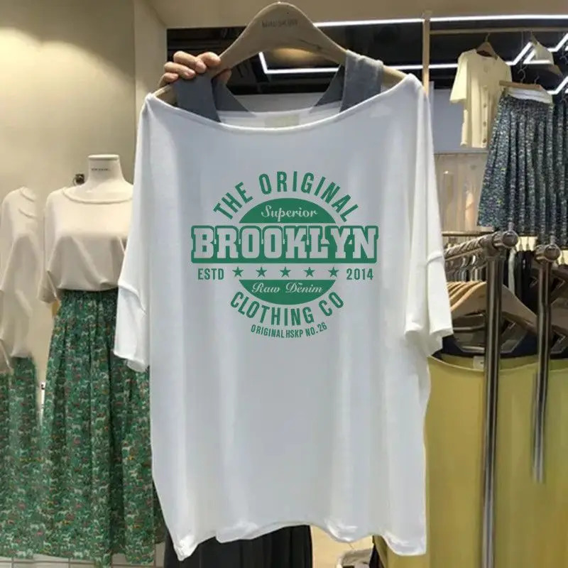 Summer Street Casual Sling Off Shoulder T Shirts Short Sleeve Letter Printing Loose Tops Tees Fashion Trend Women Clothing 240627