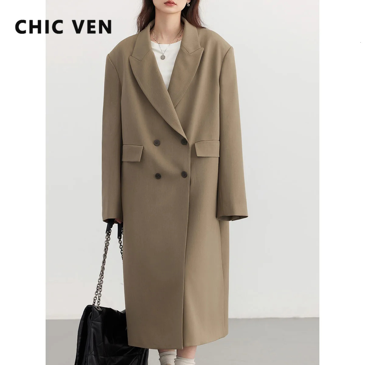 CHIC VEN Women Trench Coat Solid Loose Casual Long Overcoat Double Breasted Female Windbreak Woman Outerwears Spring Autumn 240703