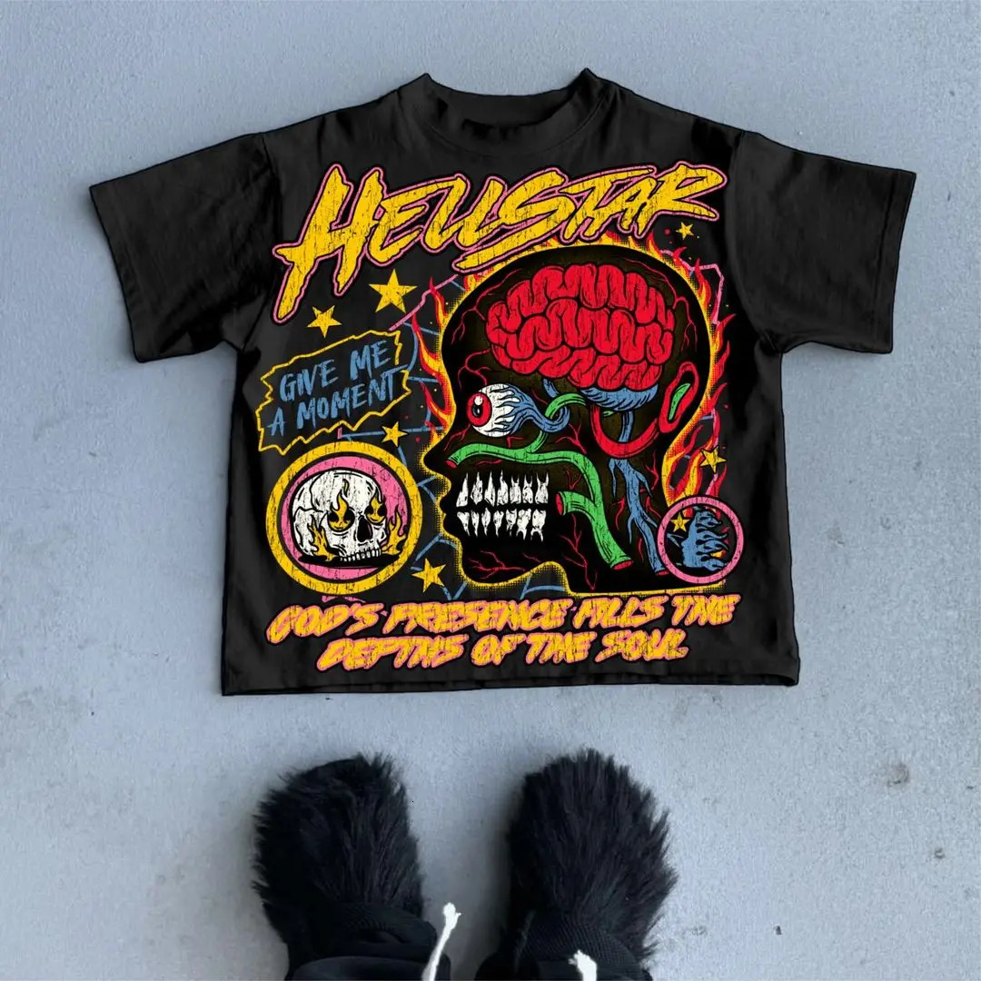 American Street Hand-painted Skull Print T-shirt Men and Women Loose Short-sleeved Y2k Vintage Clothes Gothic Oversized T Shirt 240626