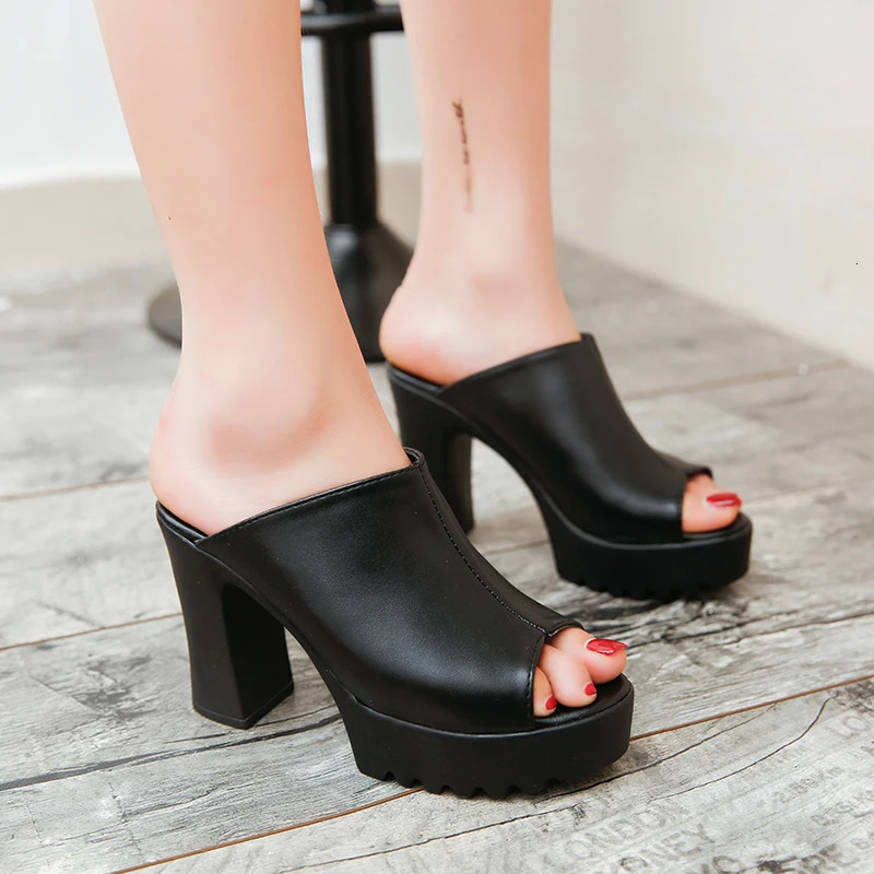 Women Sexy Cute High Heels Mules Black Open Toe Platform Mules Ladies Leather Sole Slippers Femal Slip On Sandals Shoes Womens 240704