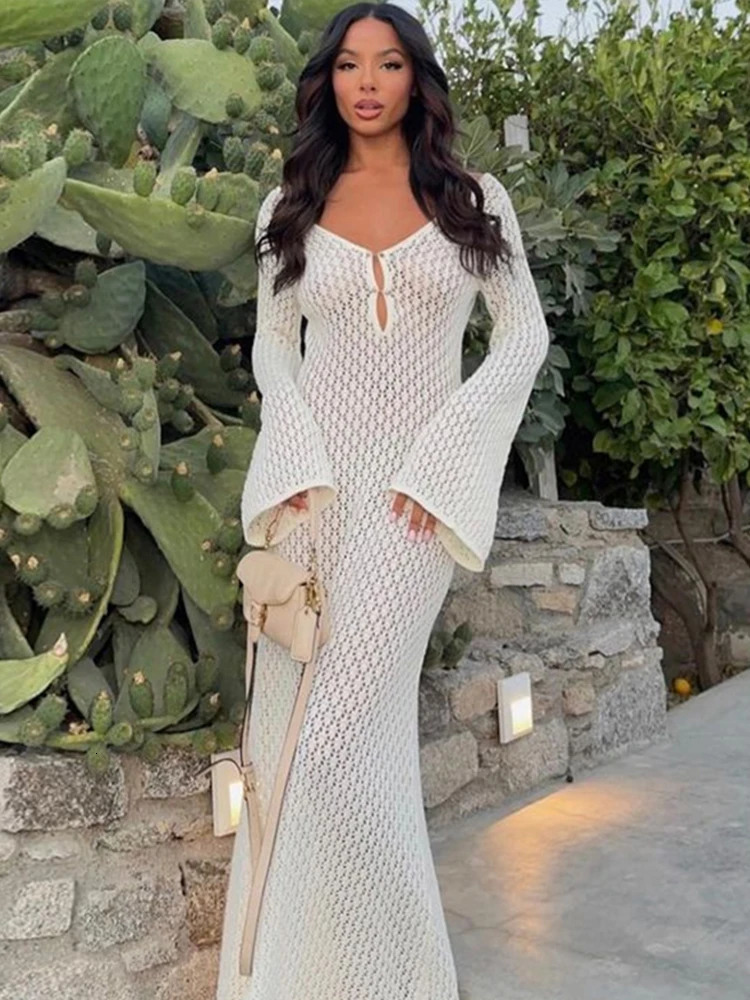 Transparent Knitted Women Dresses See Through Patchwork Lady Dresses Fashion Beach Slim Long Sleeve Hip Package Female Robe 240703