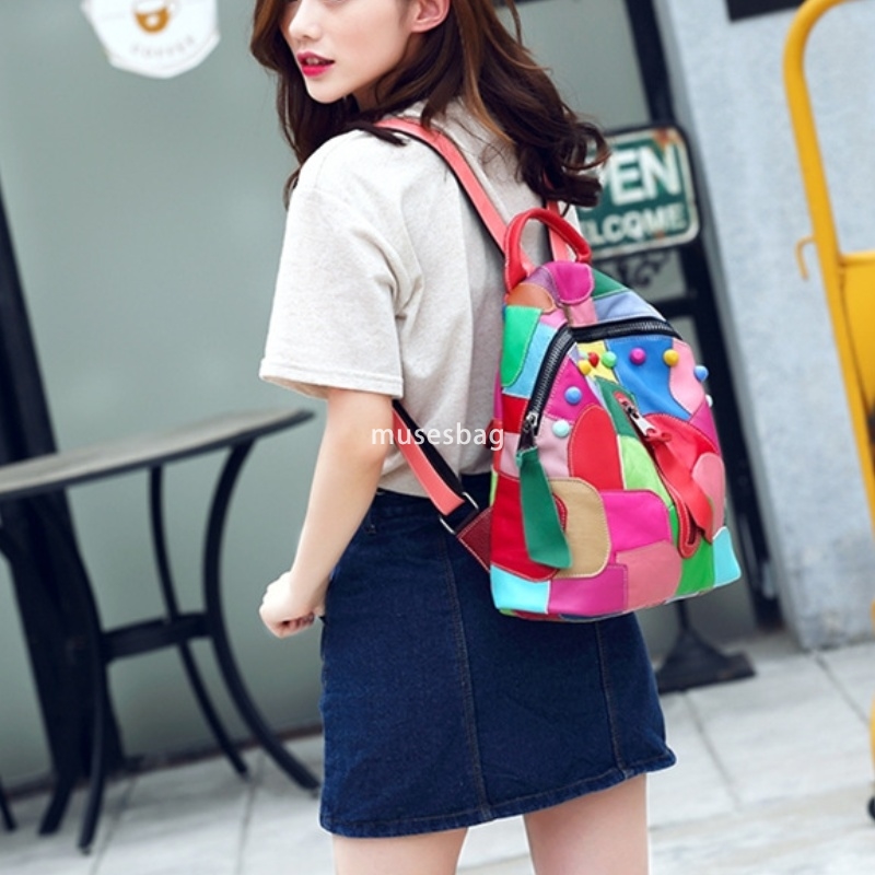 European and American women's fashionable new shoulder bag made of genuine leather practical large capacity backpack cowhide patchwork handbag le