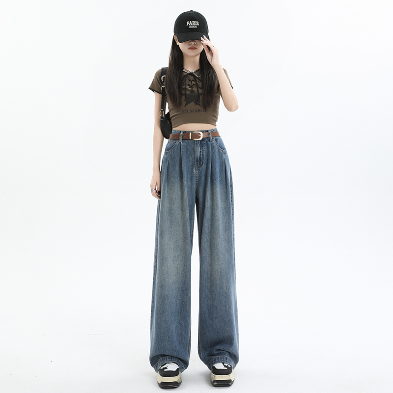 Nostalgic denim wide women's high waisted loose and slimming pleated design F7.4#67