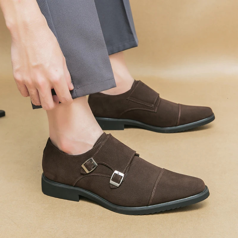 Brown Loafers Flock Double Buckle Monk Shoes Black Square Toe Slip-On Business Men Dress Shoes Size 38-46 240703