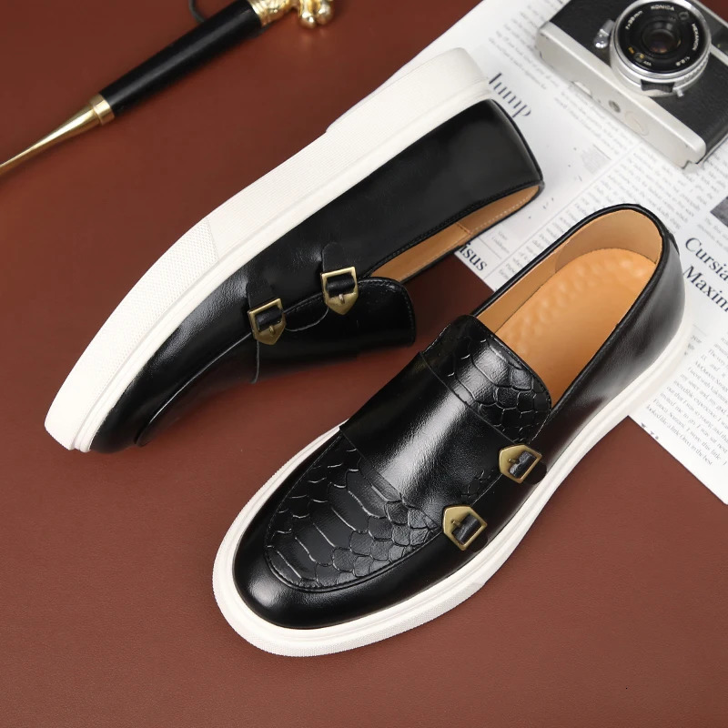 Britain Retro Fashion Mens Black Brown Flats Monk Strap Leather Shoes Casual Loafers Formal Dress Footwear Zapatos Hombre 240703