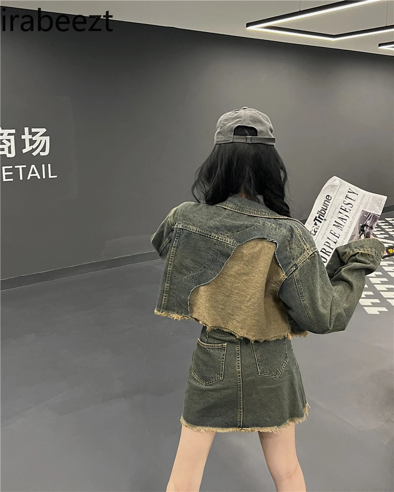 Autumn Denim Women Clothing Retro Coat and High Waist Skirt Two Pieces Set Suit for Female Blazer Sets with 240704