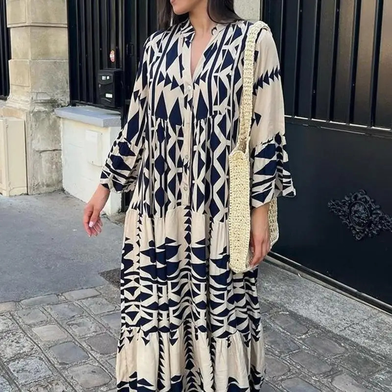 Boho Summer Maxi Dress Women Vintage Buttons Long Sleeve Elegant Holiday Beach Loose Dresses Female Casual Vestidos 240627