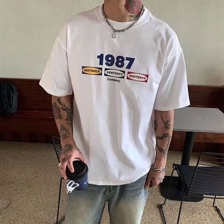Summer cotton Korean letter printed T shirt American retro round neck mens y2k casual white and gray half sleeved top 240703