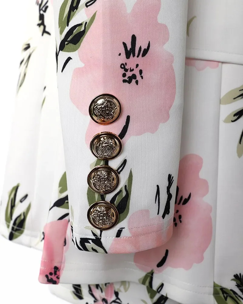 Floral Print Puff Sleeve Double Breasted Blazer Coat Skirt Set Women Spring Summer 2pcs Flower Jacket Business Lady 240704