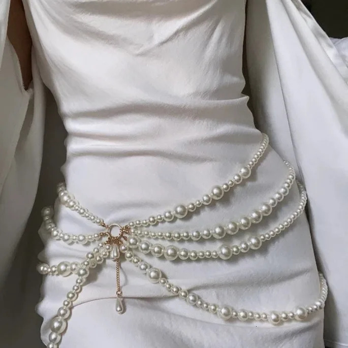 Different Pearls Connected Multi-Layer Tassel Side Swing Chain Waist Chain Waist Decorations Characteristic Belt 240701