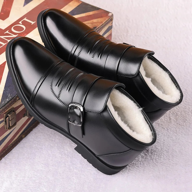 British Style Fall Winter High Top Warm Fur Shoes Formal Business Dress Shoes Plush Ankle Boots Mens Cotton Shoes Father 240703
