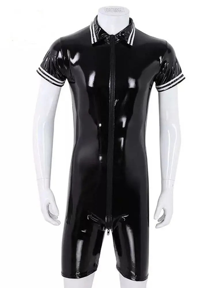S-7XL Short Sleeve Mens Wet Look PVC Catsuit Playsuits Shiny PU Leather Zipper Open Crotch Bodysuit Tights Body Teddies Leotard 240703
