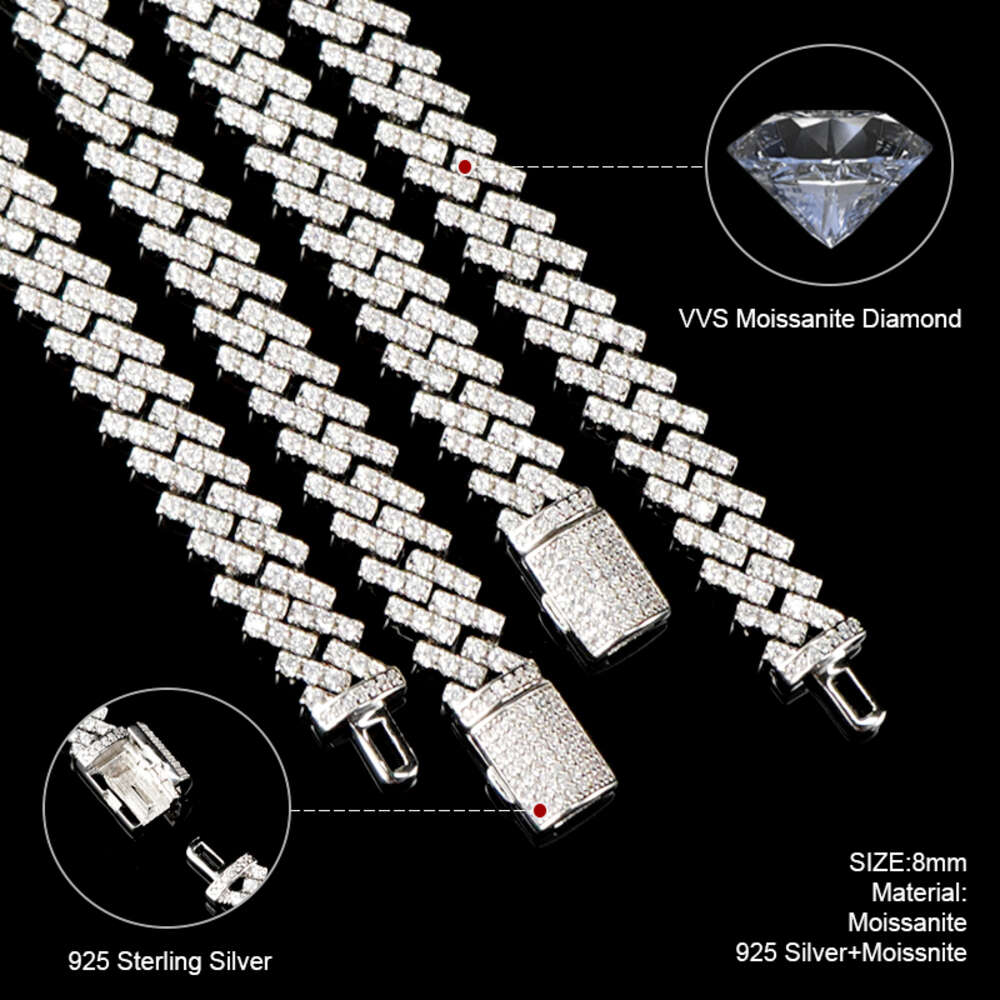 8mm10mm Moissanite Miami Cuban Link Chain in Silver 925 Vvs Diamond Prong Setting Icedout Chain Cuban Link Chain