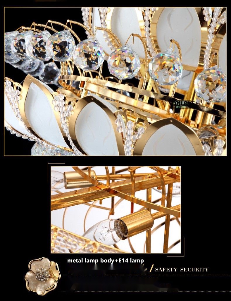 Modern Gold Crystal Chandeliers Lights Fixture European American Lotus Flower Chandelier Golden Crystal Droplight Home Indoor Hotel Lighting