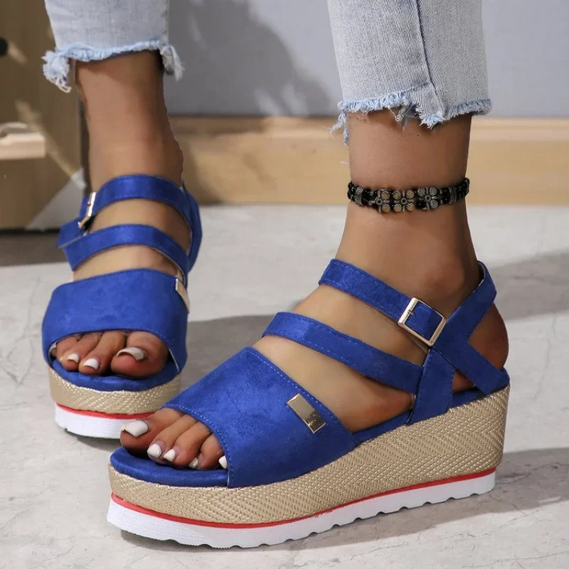 Women Summer Woven Wedge Roman Sandals Women Retro Ankle Buckle Chunky Platform Sandles Woman Open Toe Thick Bottom Sandalias 240703