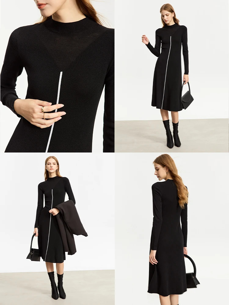 AMII Minimalist Knitted Dress for Women Half High Collar Autumn A-line Spliced Slim Fit Full Sleeve Dresses 12343417 240703