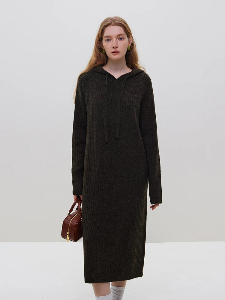 FSLE Retro Casual Hooded Woolen Dress Womens Autumn/Winter Knitted Dress Brown Green High Waist Women Dress 240703