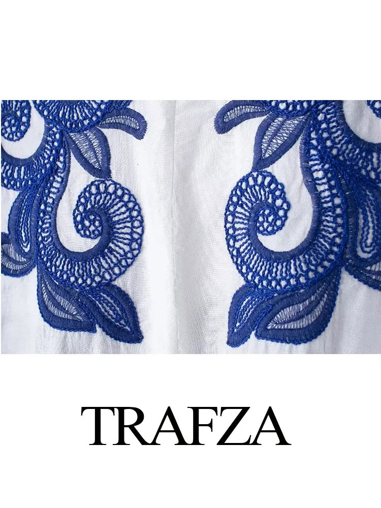 TRAFZA Women Blue Floral Embroidery Shirt Skirts Sets Casual Top High Waist Chic Elegant Womens Pleated Long Skirt TRAF 240704