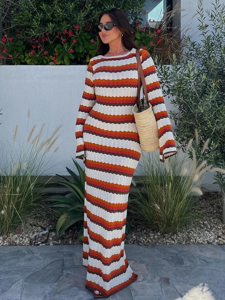 Summer Hollow Out Knitted Beach Dress for Women Elegant Fashion Striped Maxi Dress Sexy Long Sleeve Holidays Party Dress 240703