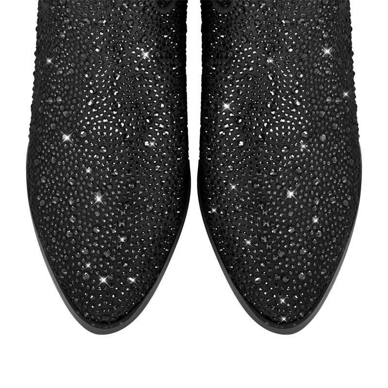 Onlymaker Women Knee High Boots Rhinestone Glitter Bling Western Pointed Toe Block Heel Pull-On Cowgirl Booties