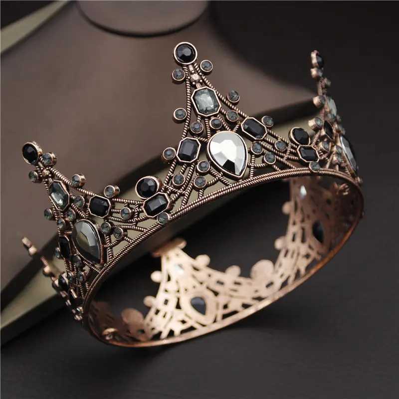 Tiaras Newest Vintage Black Crystal Round Diadem Bride Crown for Bridal Wedding Hair Jewelry Prom Party Cake Ornaments Head Accessories