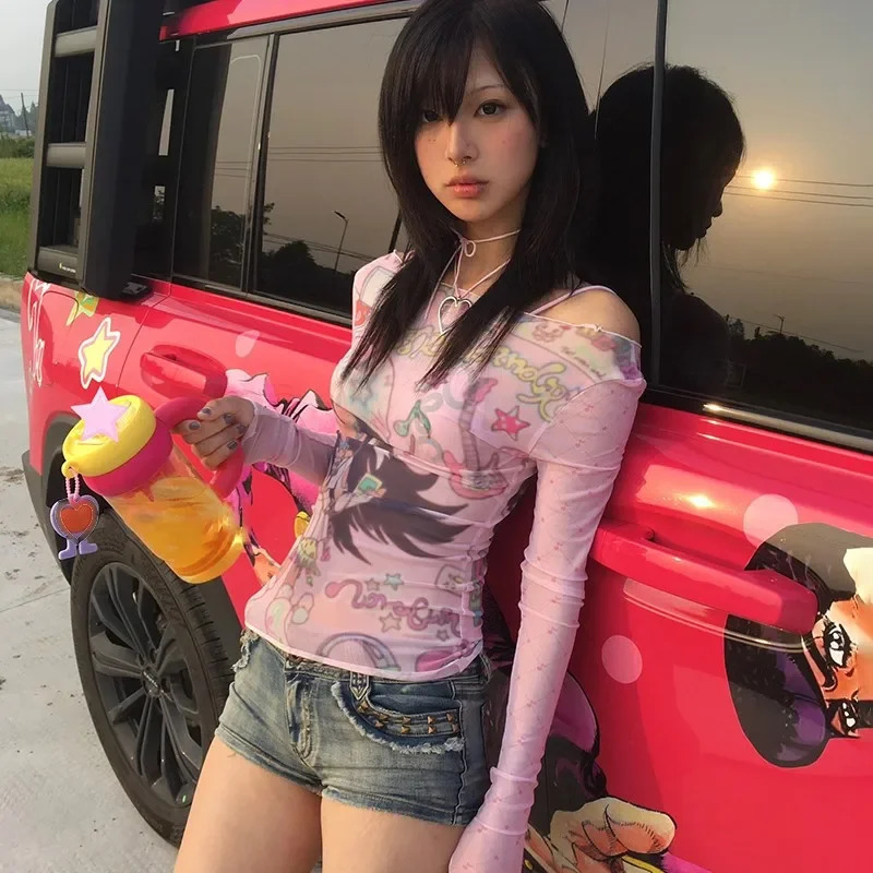 2000s Anime Pattern See-through Long-sleeved T-shirt Kawaii Clothes Japanese Y2k Long-sleeved T-shirt Harajuku Retro T-shirt 240701
