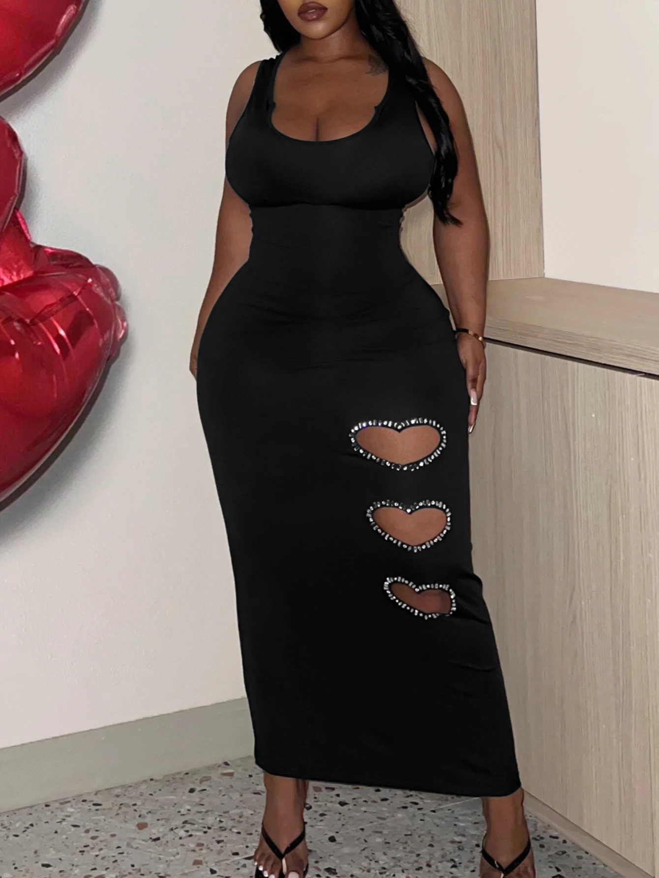 LW Plus Size Heart Decor Bodycon Cami Dres Spring Summer Solid Color Sleeveless U Neck Ankle Length Party Dress Vestidos 240702