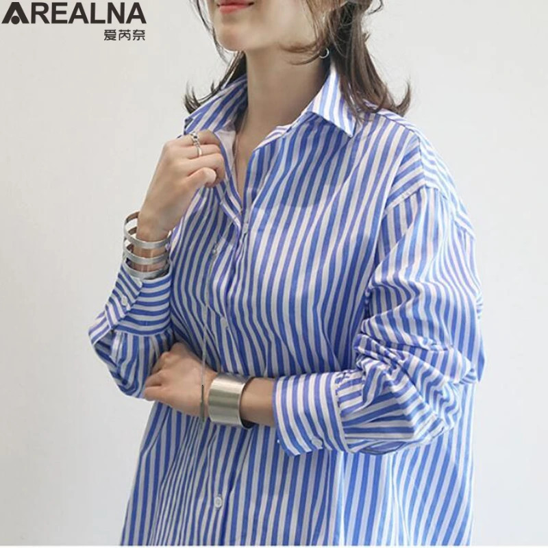 Button Up Womens Striped Kimono Shirt Spring Fall Loose Bule Long Blouse Women Casual Long Sleeve Cardigan Top Blusas Y Camisas 240704