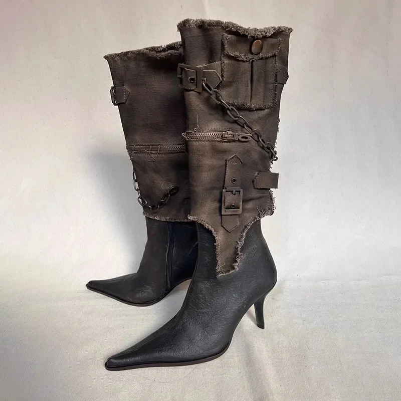 Vintage Pointed Belt Buckle Western Cowboy Boot Womens Fashion Metal Chain Detachable Two Wear Tooling Womens Boots 35-39 240703