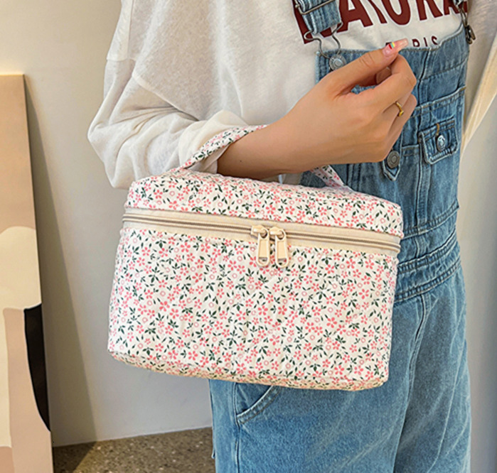 Korean Floral Organizer Cotton Padded Cosmetic Cute Large Make Up Zipper Square Handbag Soft Women Storage Bag H7.4#21