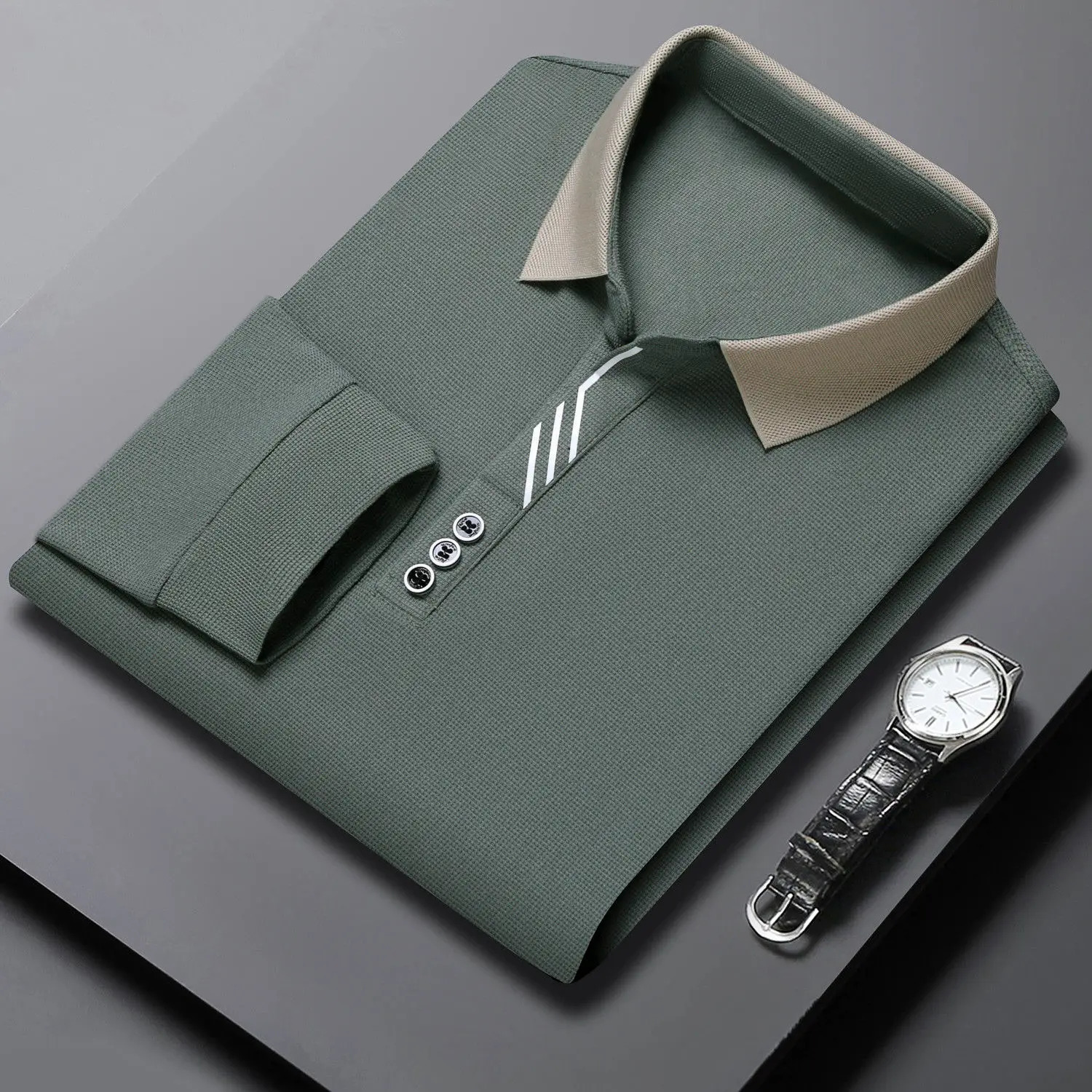 Spring and Autumn Simplicity Buttons Solid Color Turndown Collar Long Sleeve Polo Shirts Mens Clothing Smart Casual TShirt 240702