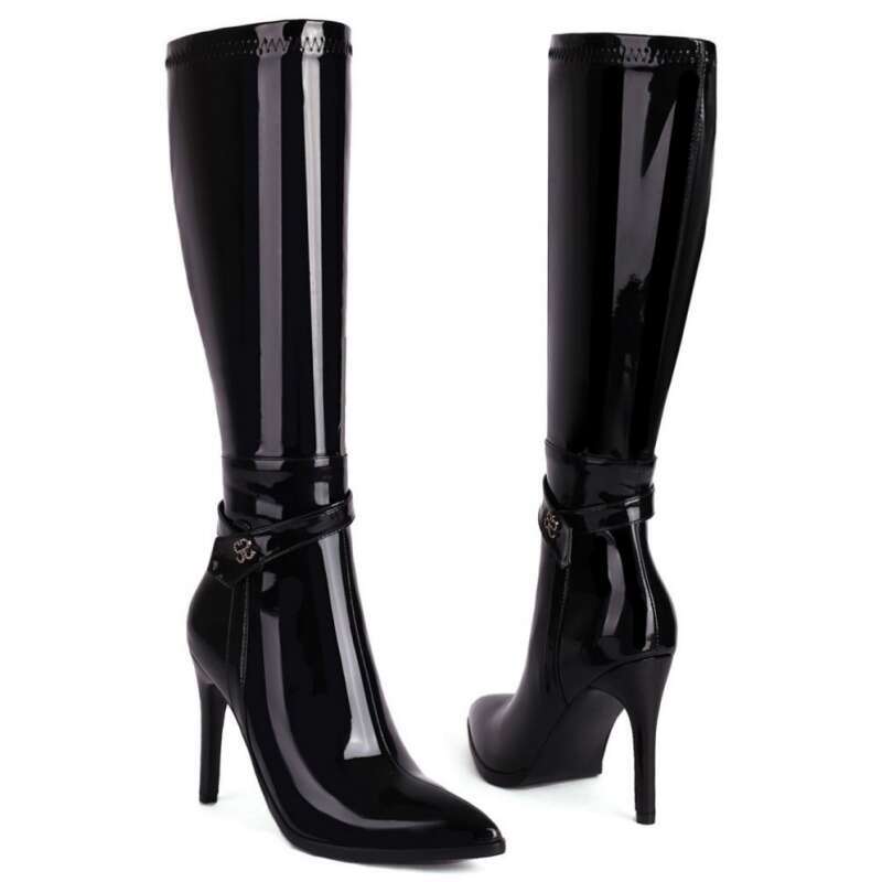 Sexy Knee High Boots Women New 2023 Winter Point Black Heels Long Boot Patent Dance Party Shoes Female Large Size 44 46